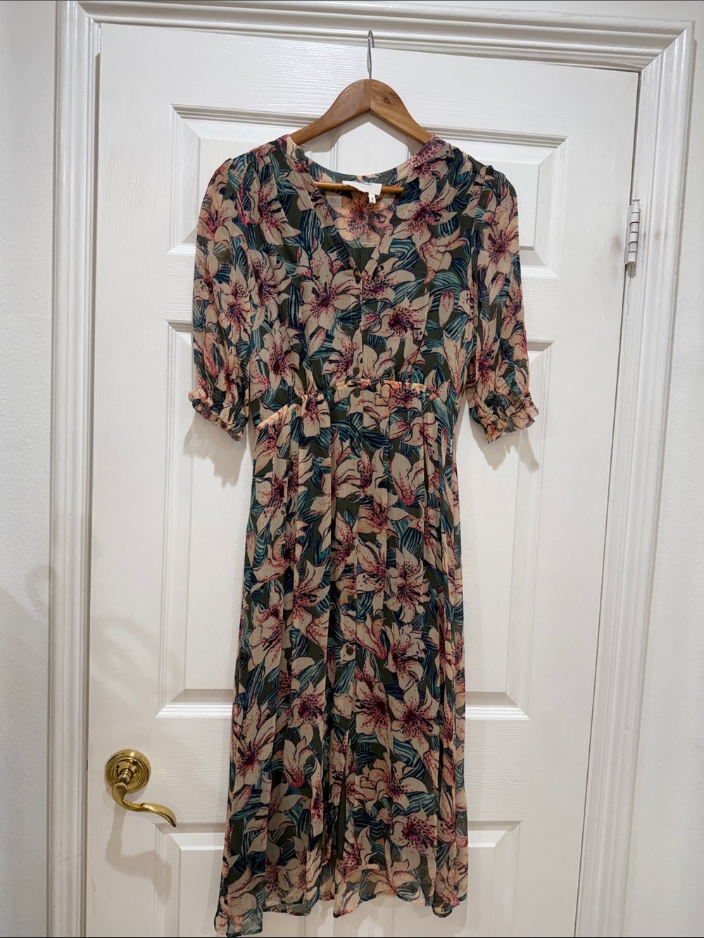 ba&sh Floral V-Neck Tiered Midi Dress in Teal and Blush - Picture 2 of 4